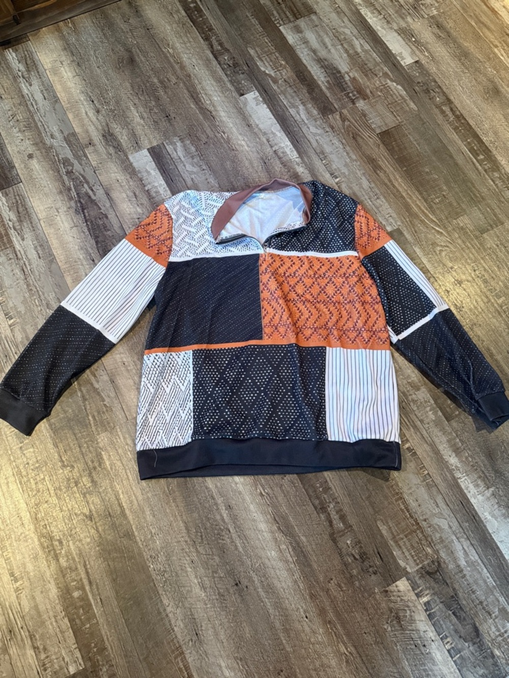 Patchwork Print Pullover Sweater in Black & Orange
